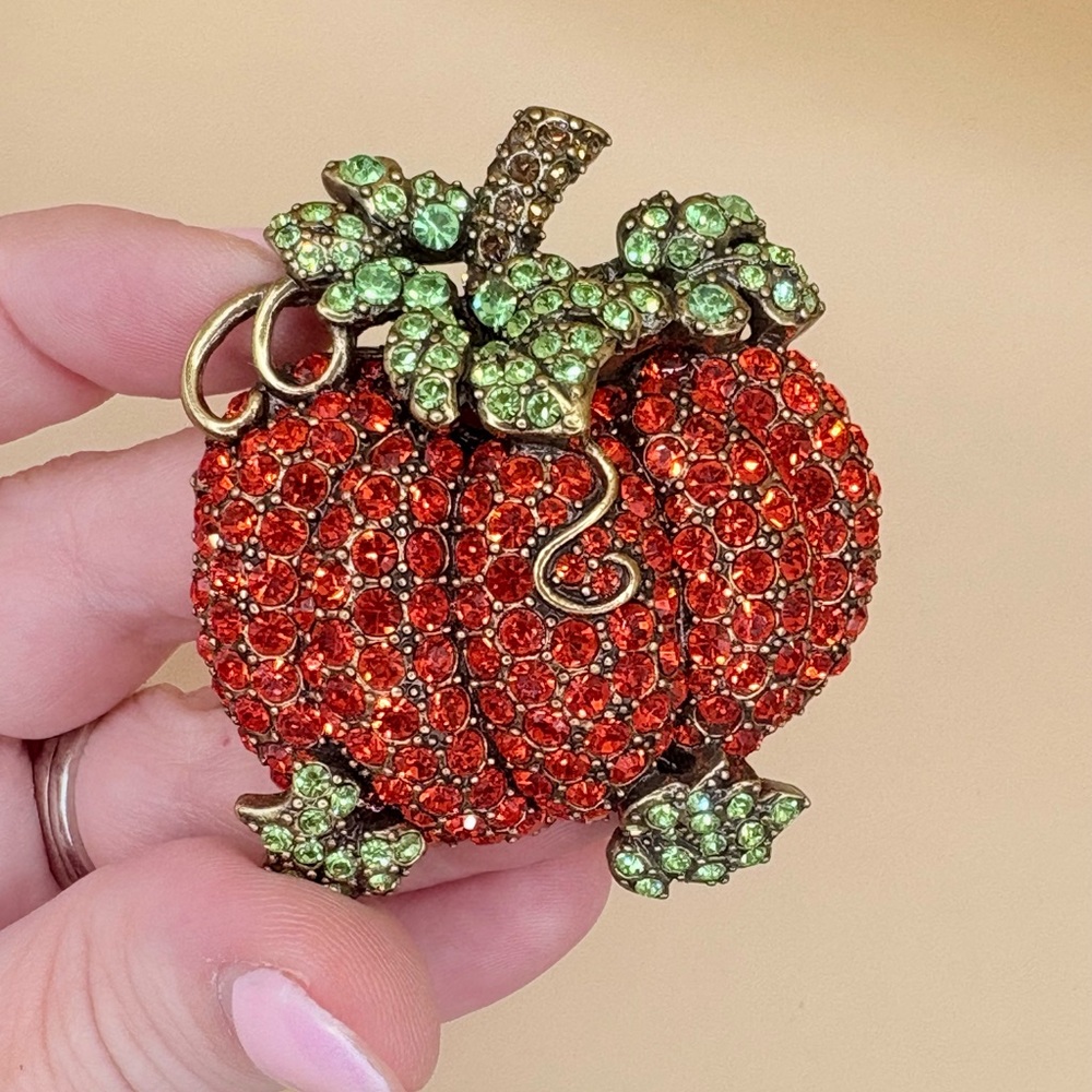 Sparkling Orange and Green Crystal Pumpkin Brooch